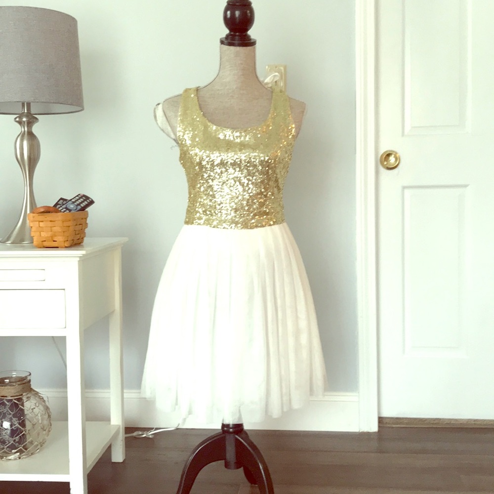 Cream and gold sequin cocktail dress